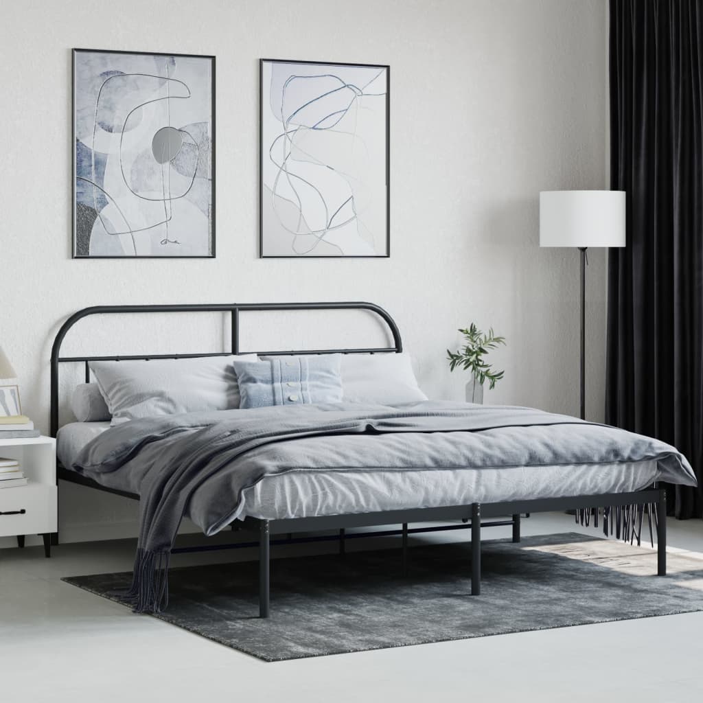 Black metal bed frame with a curved headboard featuring vertical slats