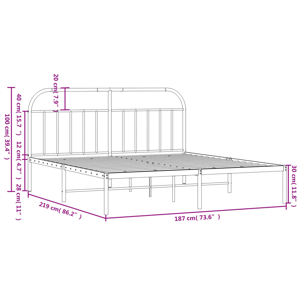 Closeup of a white metal twin bed frame with a curved headboard