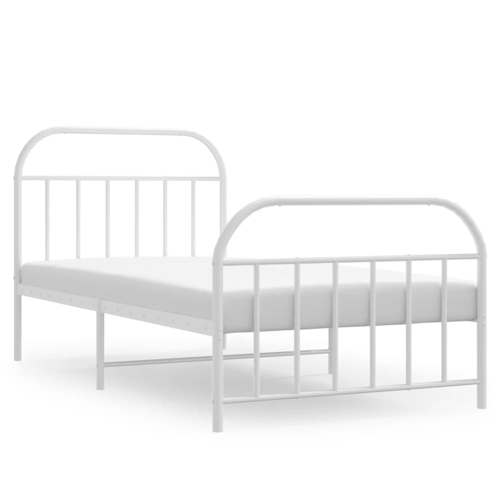White metal single bed frame with curved headboard and footboard and visible dimensions