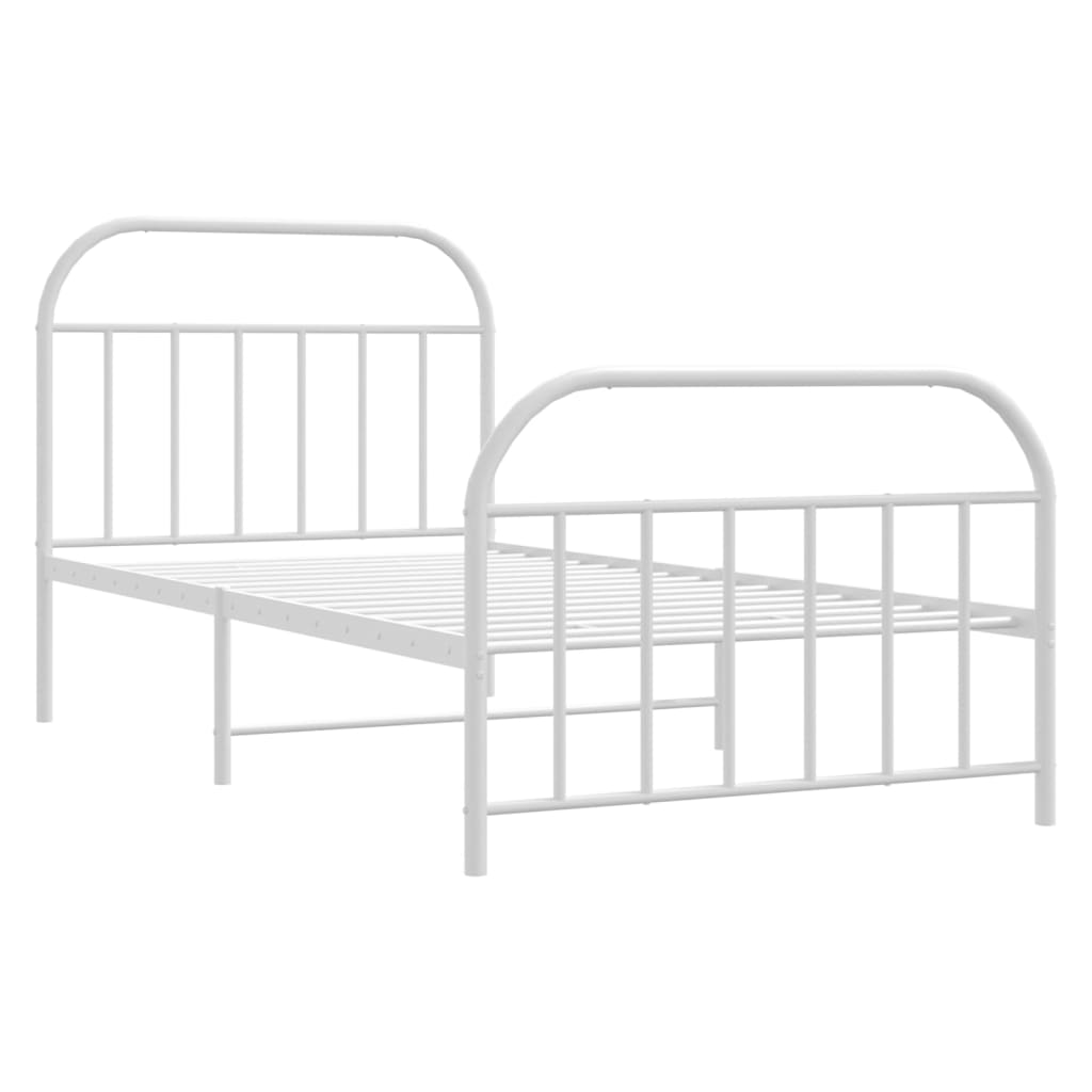 White metal twin bed frame with rounded headboard and footboard
