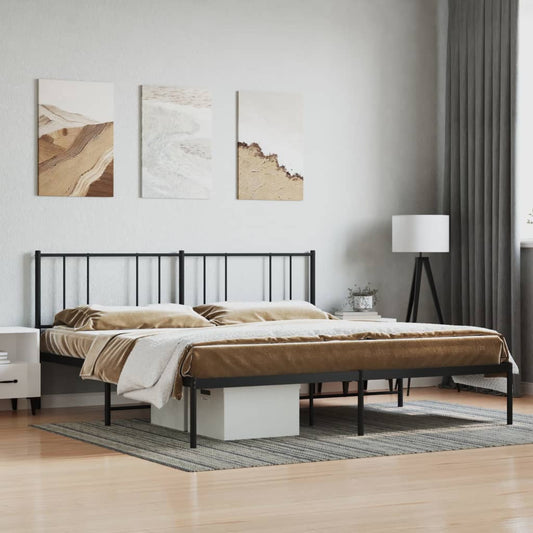 Black metal platform bed frame with a minimalist headboard and footboard