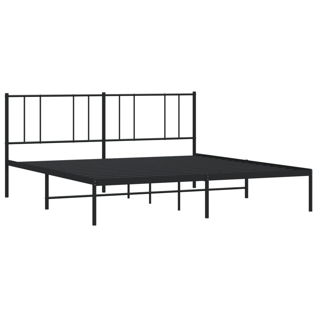 Minimalist black metal bed frame with a slatted headboard