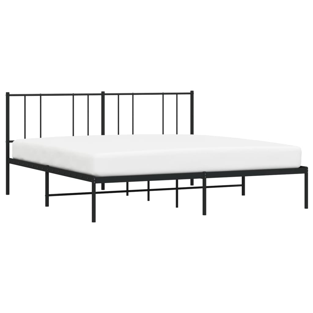 Black metal bed frame with minimalist vertical slat headboard
