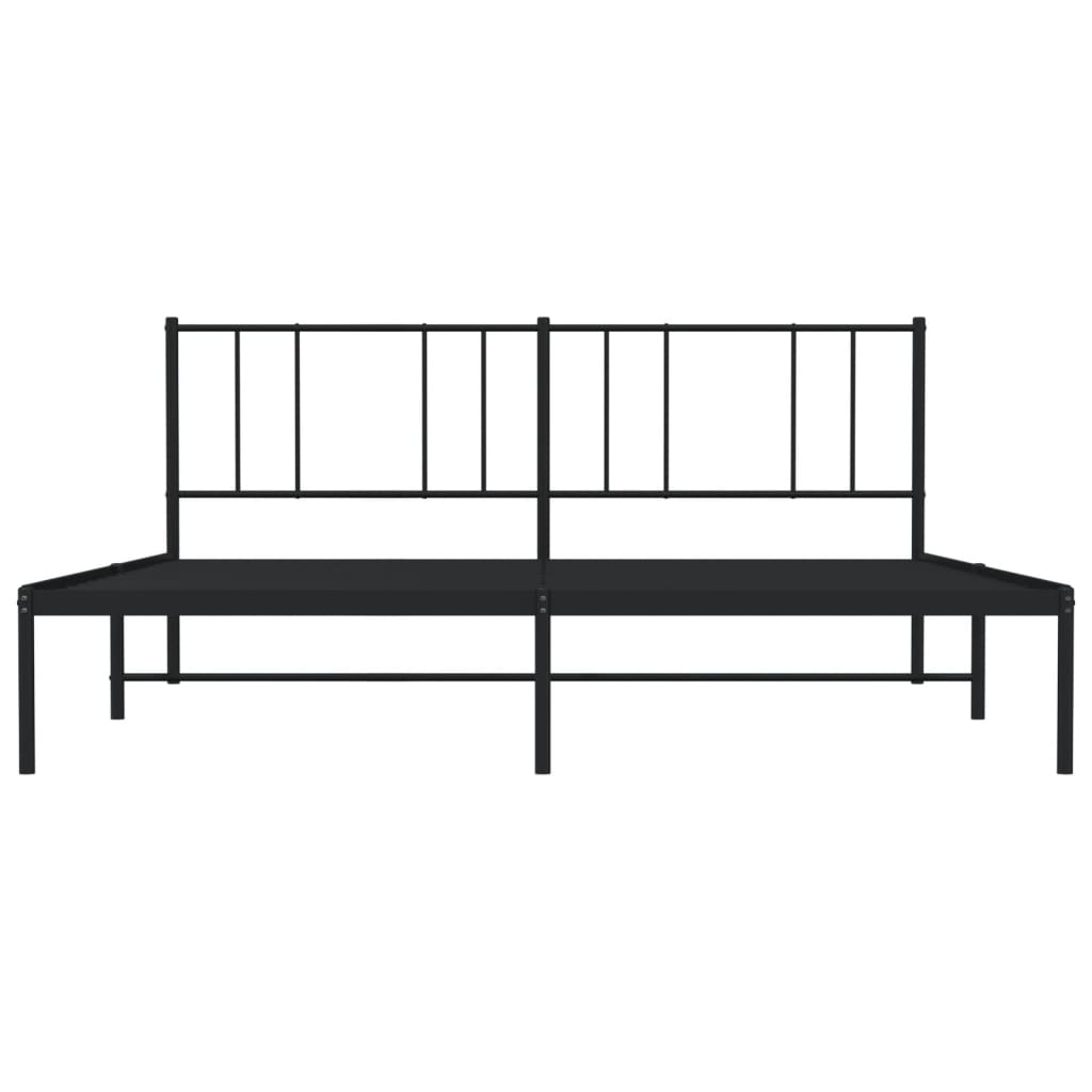 Black metal bed frame with minimalist vertical slat headboard and white mattress