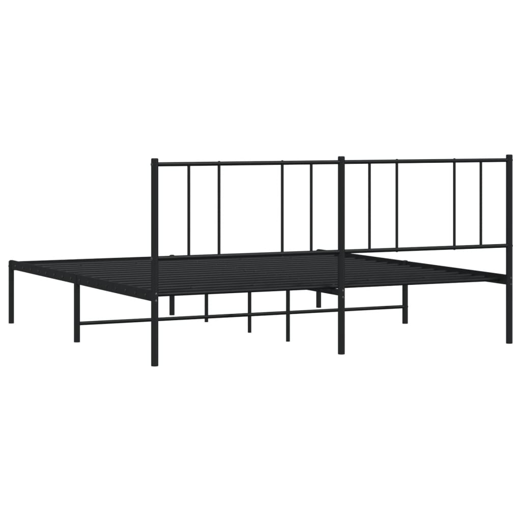 Black metal platform bed frame with a slatted base and headboard