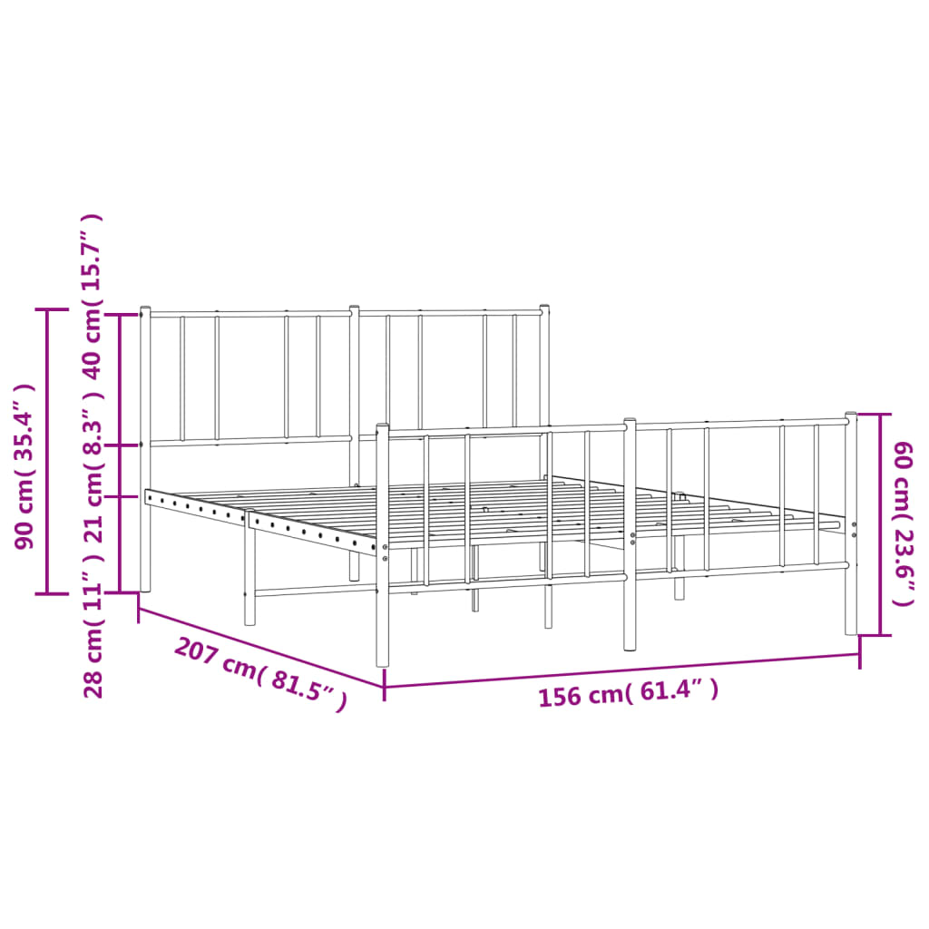 Closeup of a white metal bed frame with vertical and horizontal bars