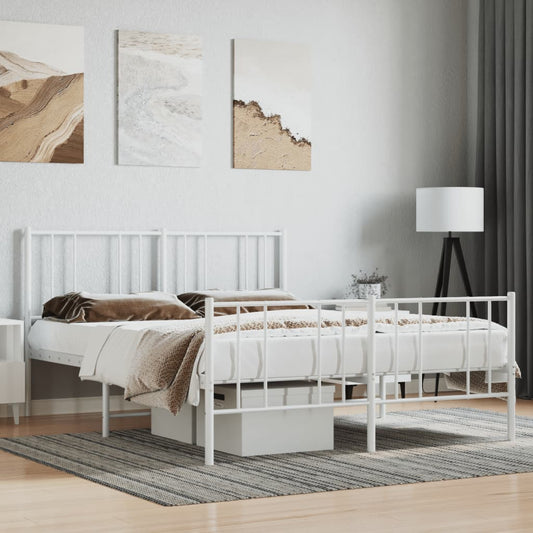 Modern white metal bed frame with headboard and footboard