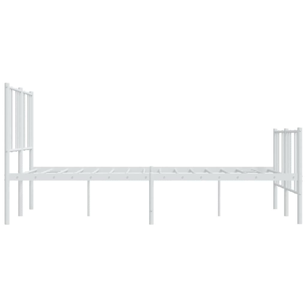Minimalist white metal bed frame with a simple slatted design