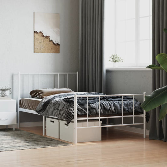 White metal twin bed frame with a minimalist design featuring a slatted headboard and footboard