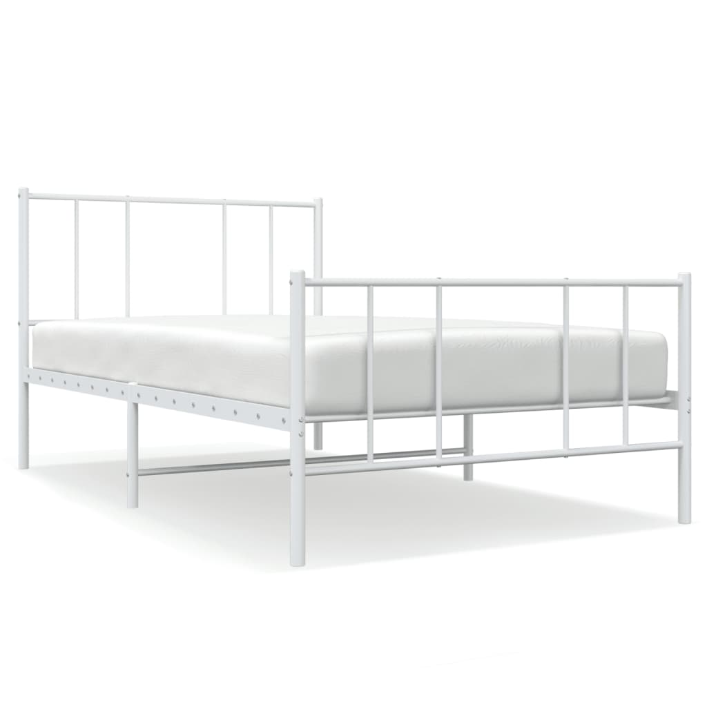 White metal bed frame with slatted base and measurements displayed