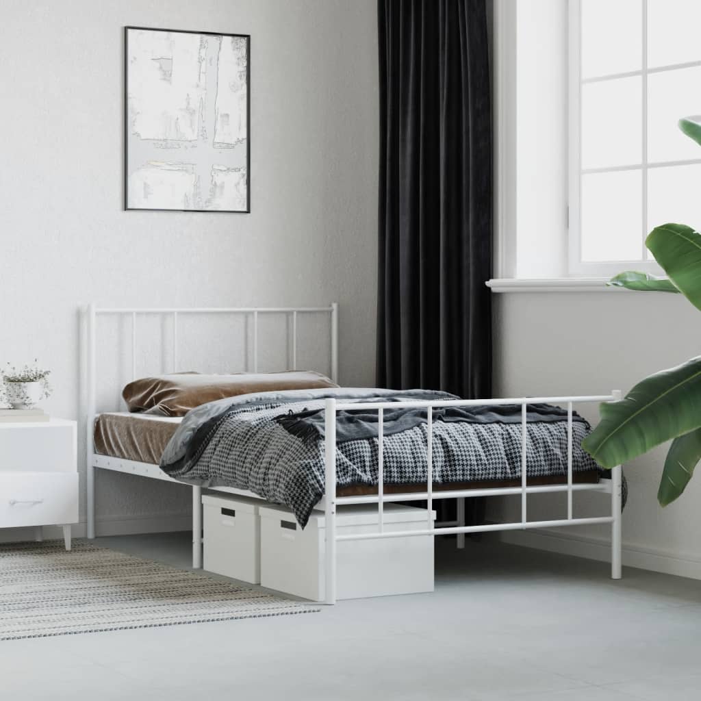 White metal bed frame with a minimalist design and slatted headboard perfect for a modern bedroom