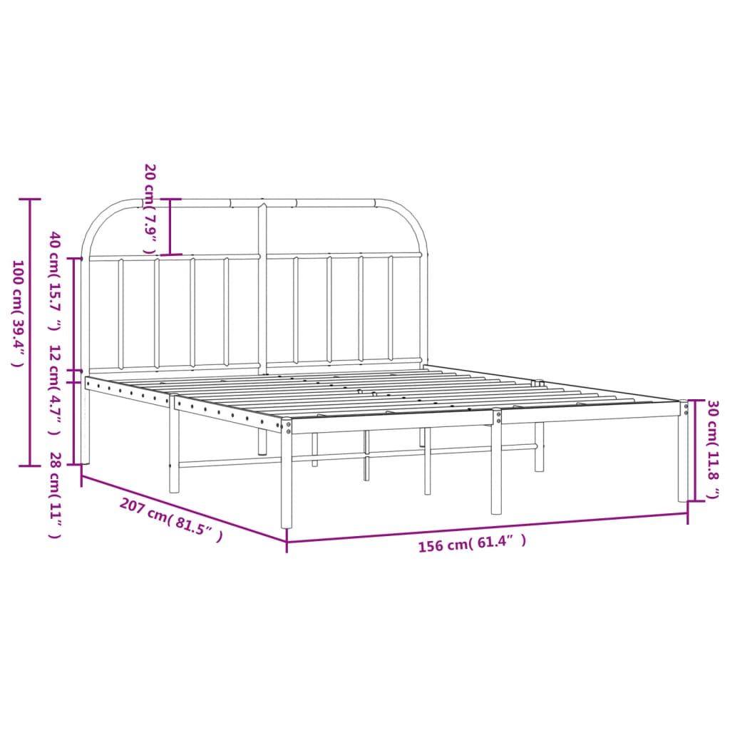Closeup of a black metal bed frame with rounded headboard and vertical slats