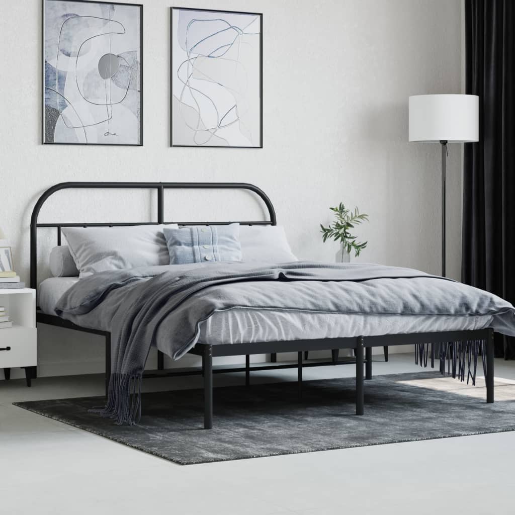 Black metal bed frame with a curved slatted headboard
