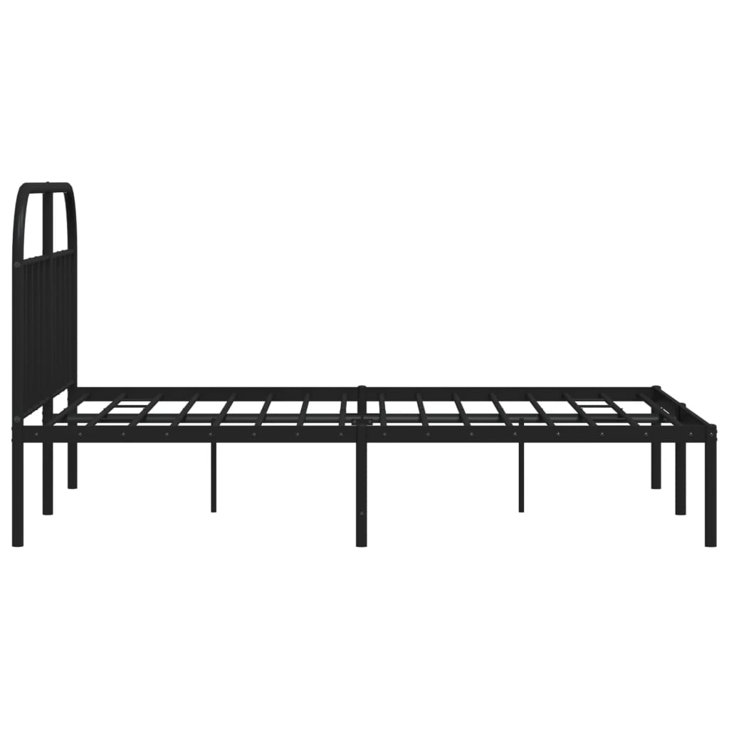 Black metal twin bed frame with a curved headboard and vertical slats