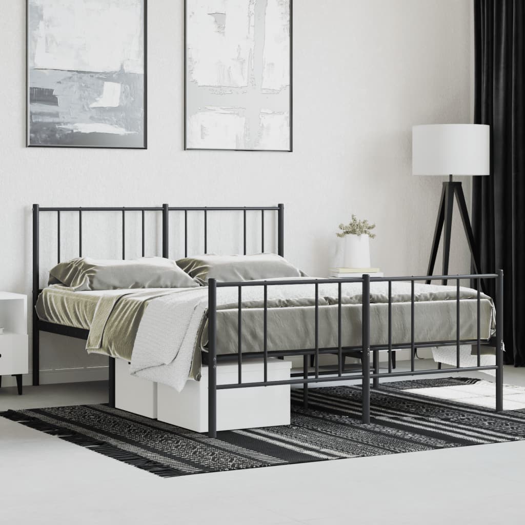 Modern black metal twin bed frame with patterned bedding