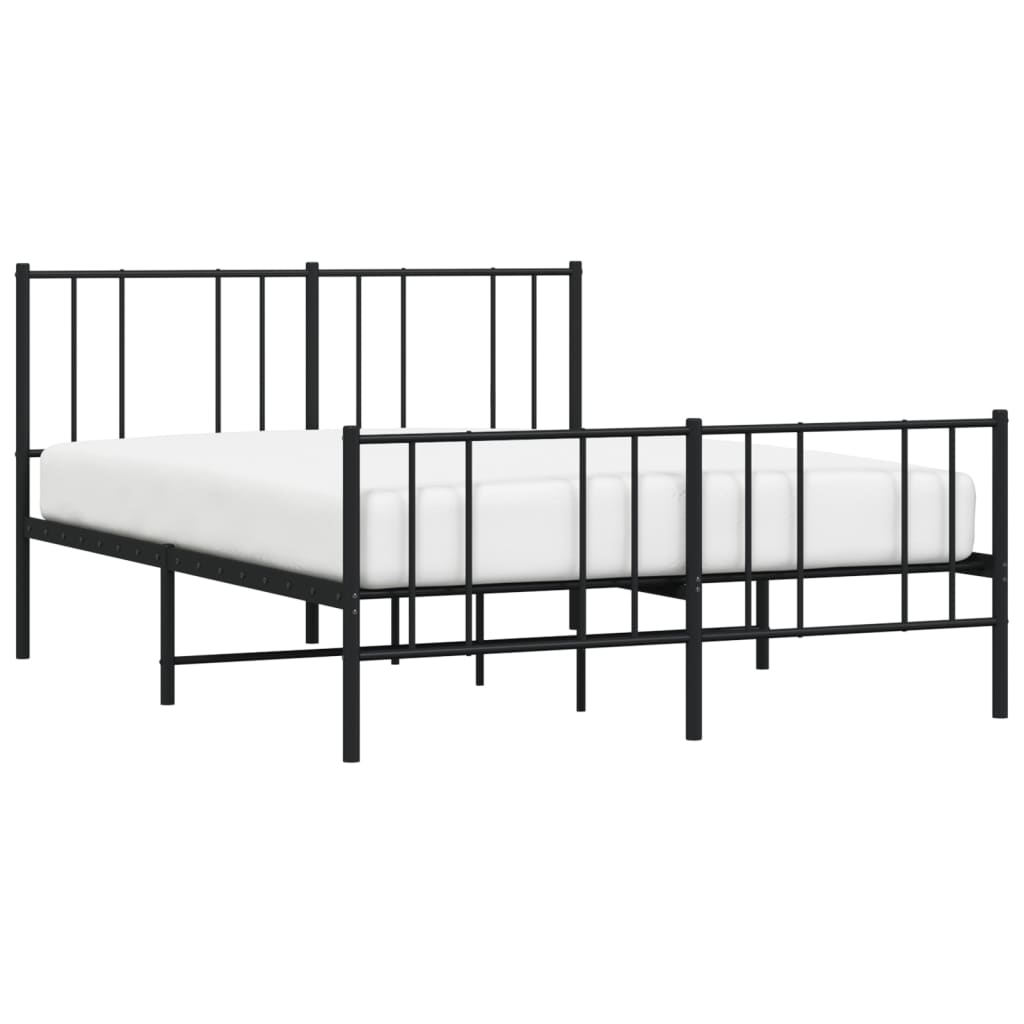 Black metal platform bed frame with vertical slats on headboard and footboard