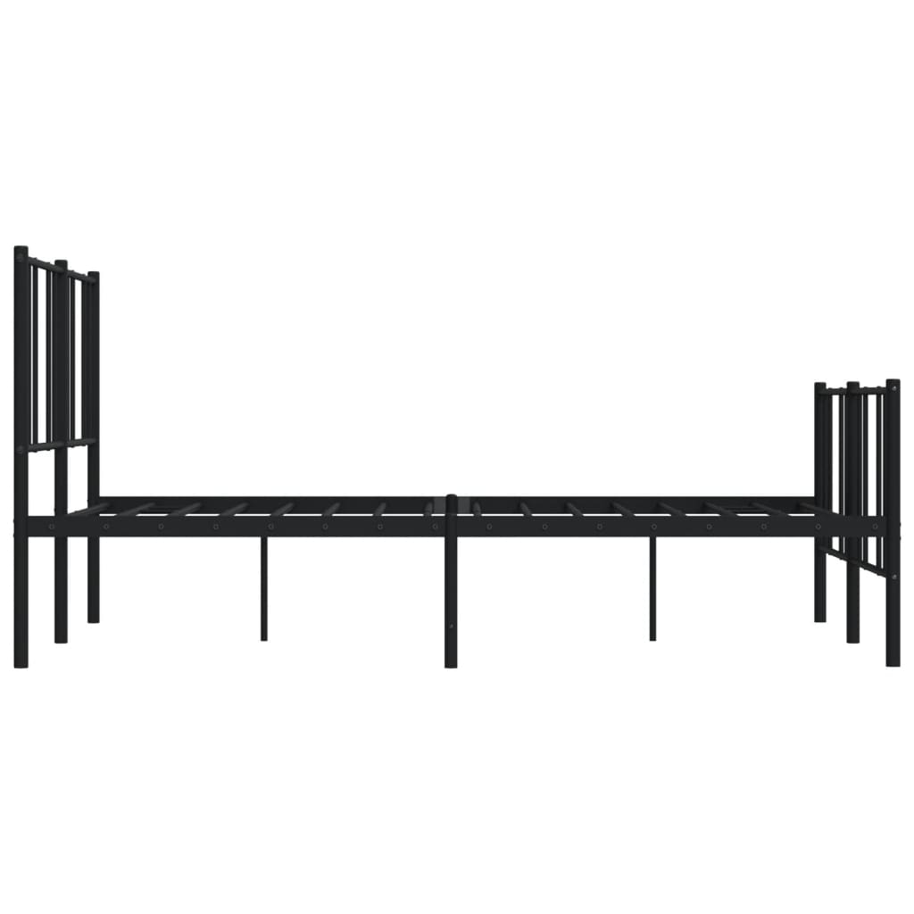 Black metal bed frame with a slatted headboard and footboard