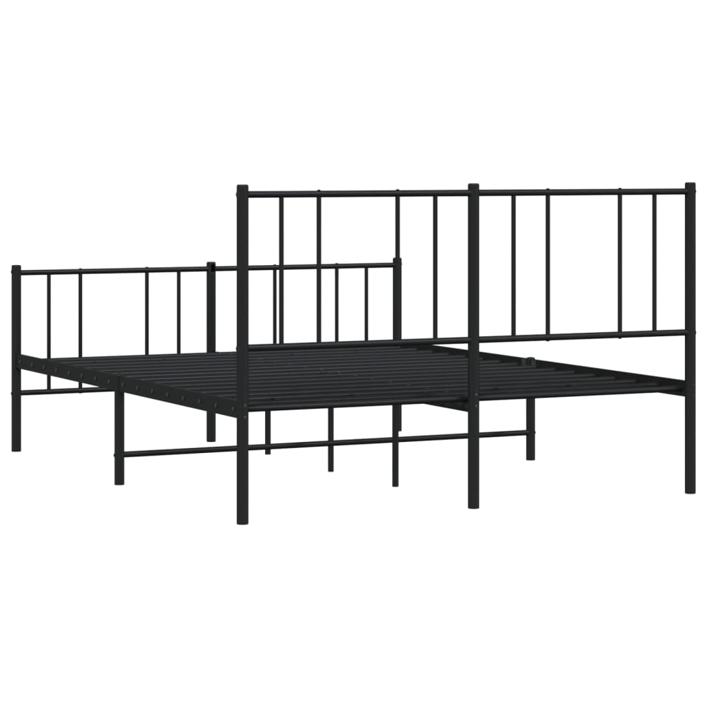 Black metal bed frame with vertical slats on headboard and footboard