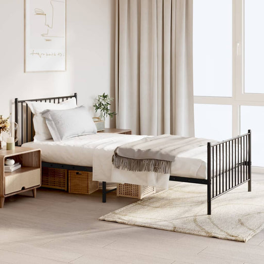 Black metal twin bed frame with slatted headboard and footboard includes mattress