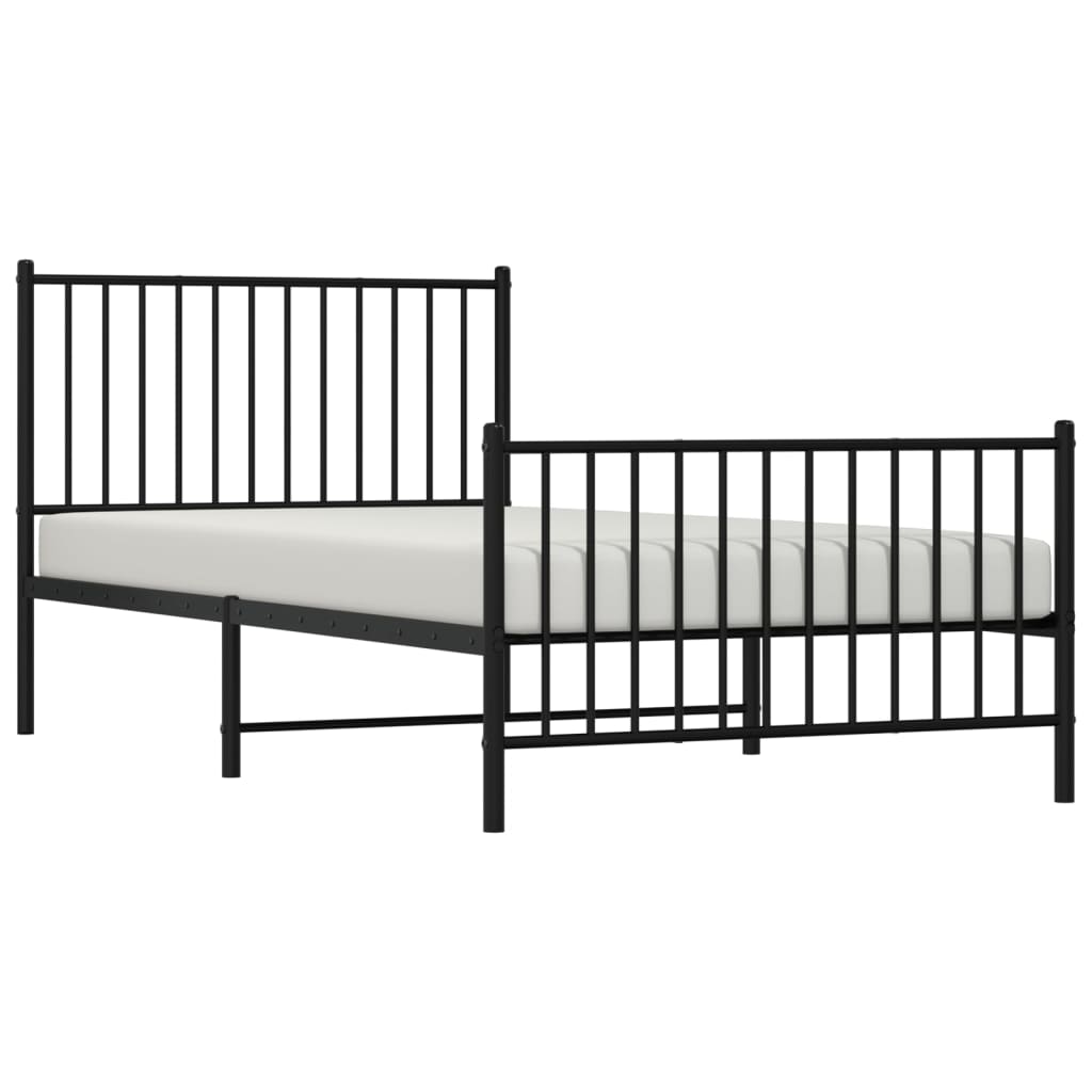 Dark grey metal twin bed frame with a slatted headboard and footboard