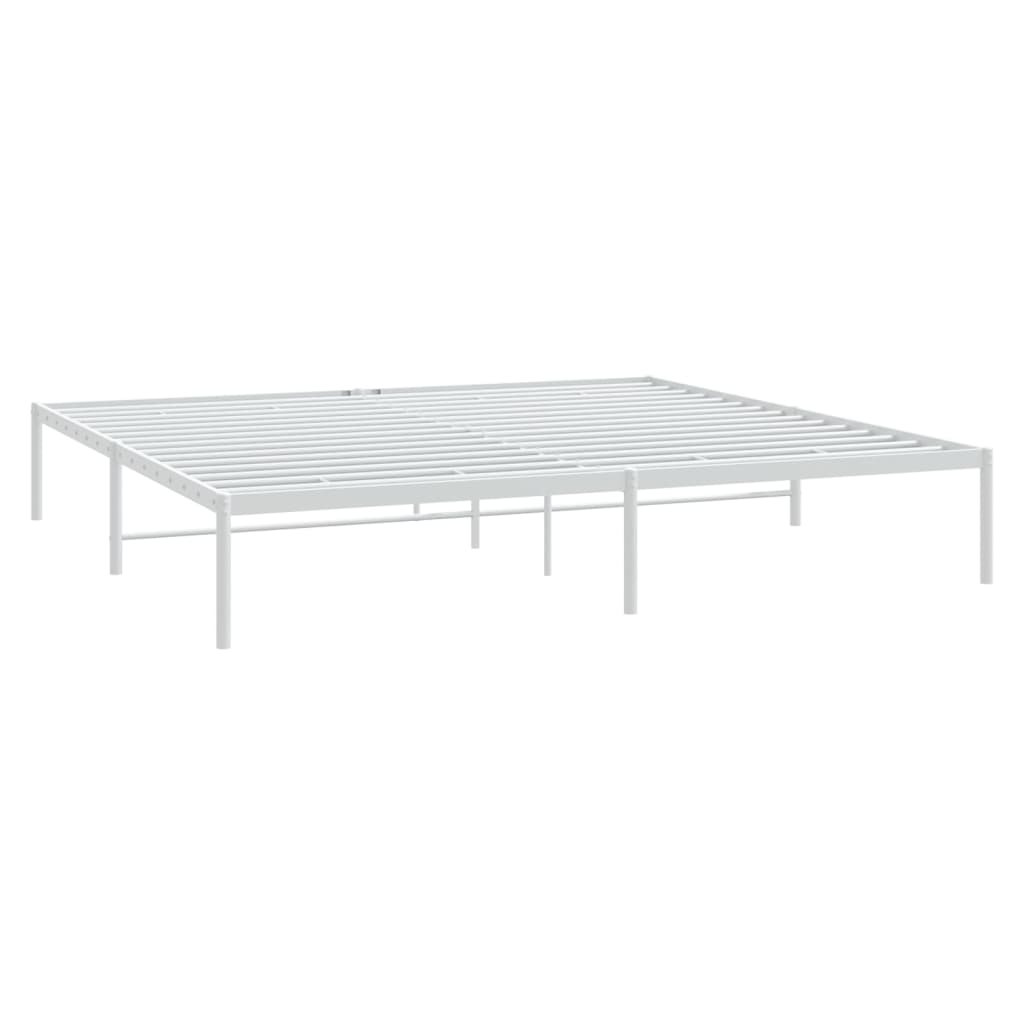 Modern white metal platform bed frame with a mattress