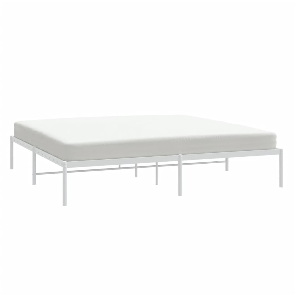 White metal platform bed frame with a slatted base