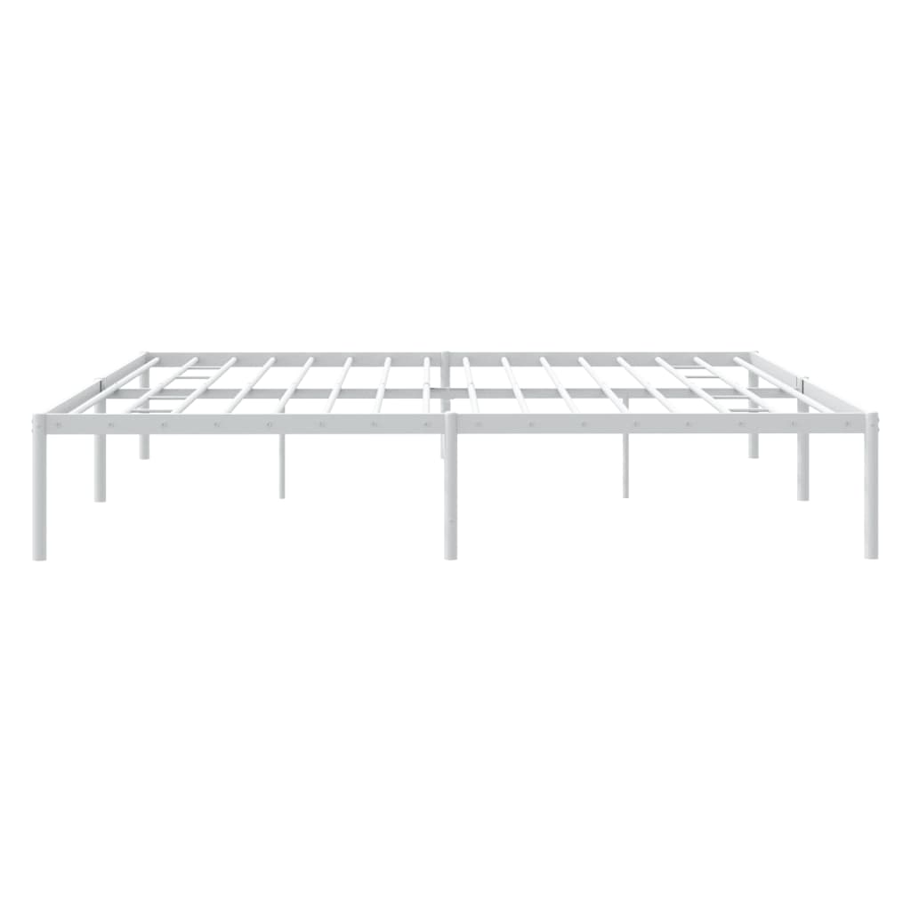 Minimalist white metal bed frame with a white mattress