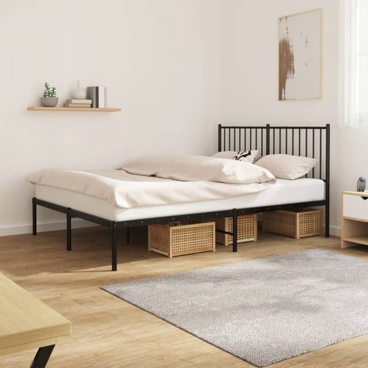 Modern black metal bed frame with vertical slat headboard and storage drawers
