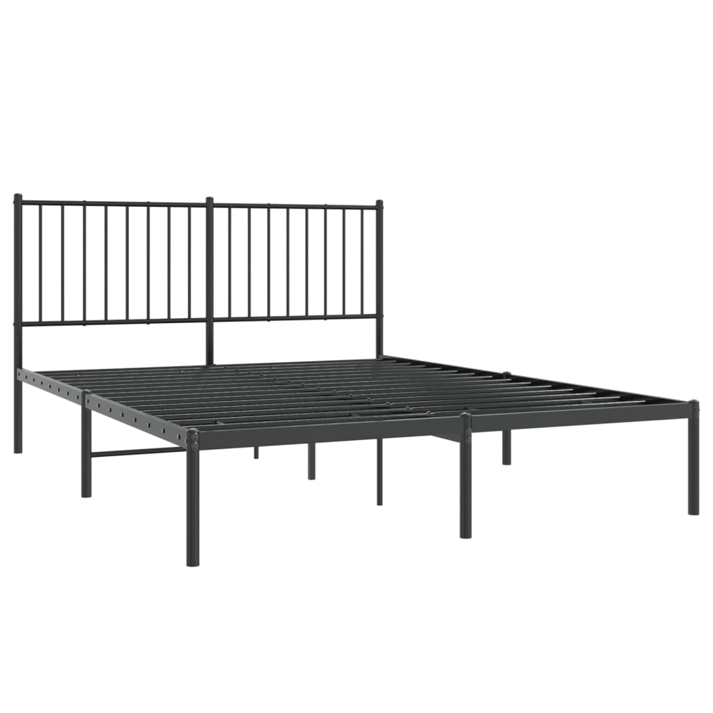 Black metal queen bed frame with slatted headboard and white mattress