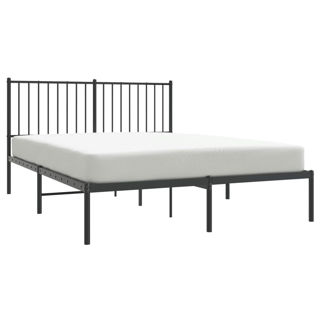 Black metal platform bed frame with minimalist vertical slatted headboard