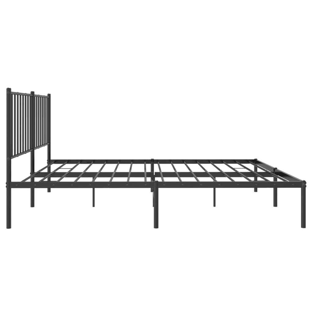 Black metal platform bed frame with slatted headboard and white mattress