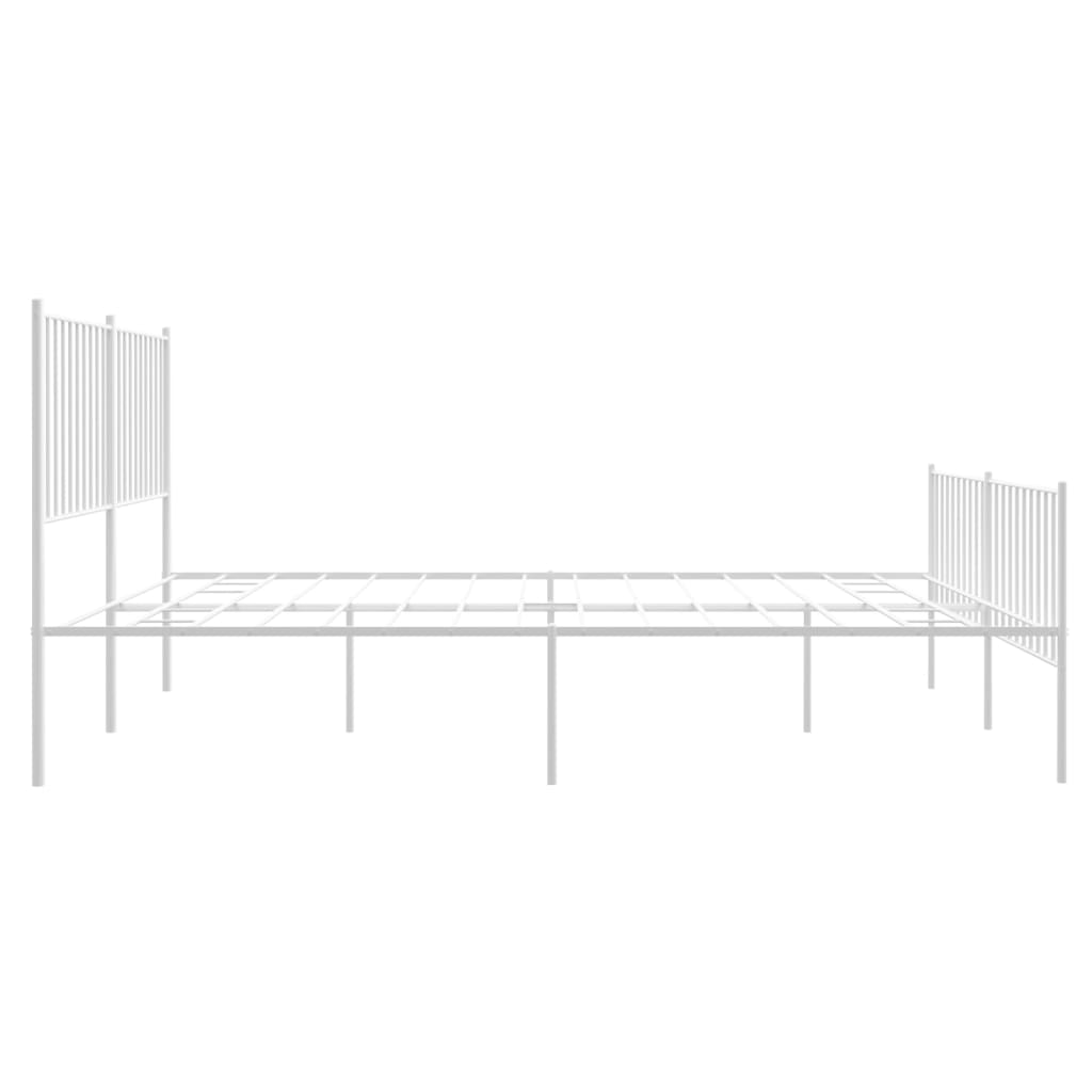 White metal platform bed frame with a minimalist slatted headboard and footboard