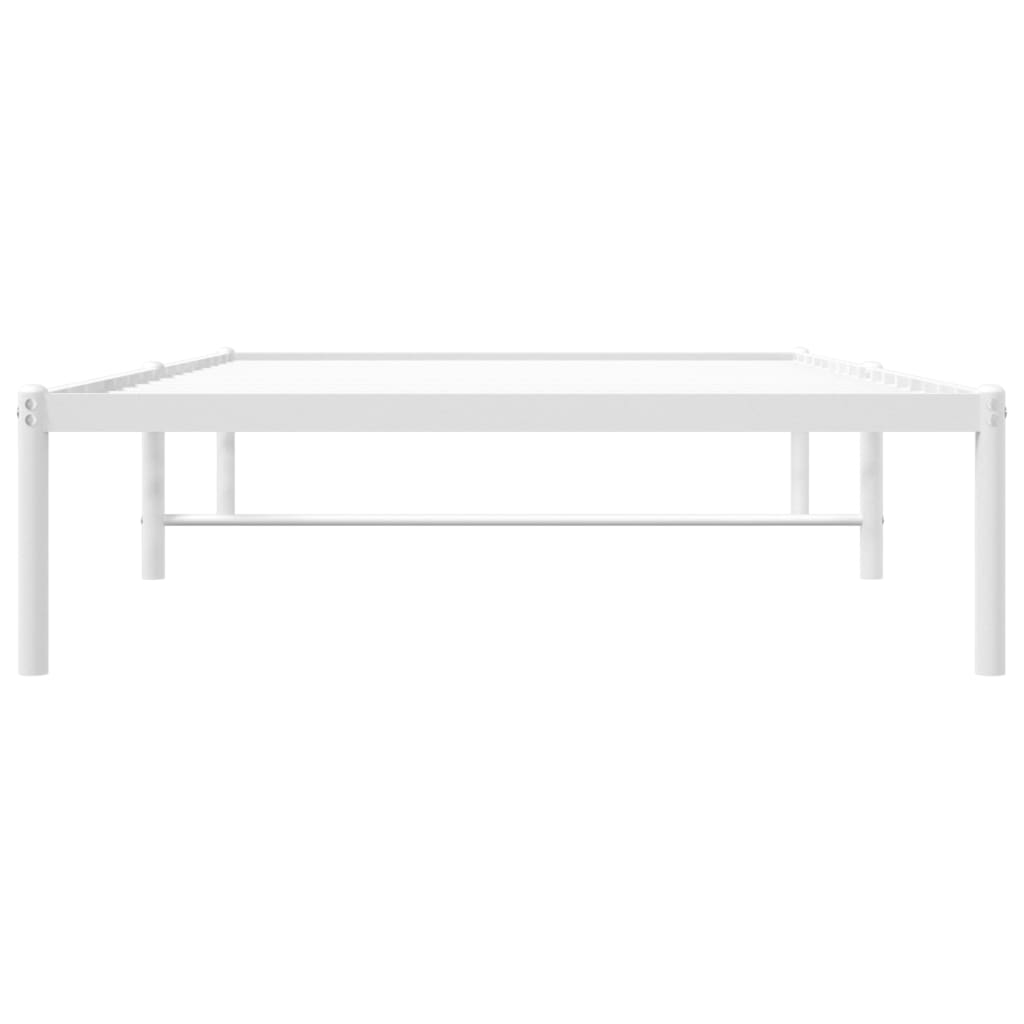 White metal bed frame with a slatted support system