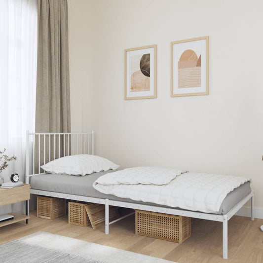 Modern white metal twin bed frame with slatted headboard and footboard