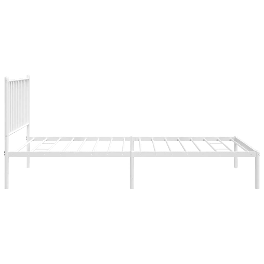 White metal bed frame with a slatted headboard and white mattress