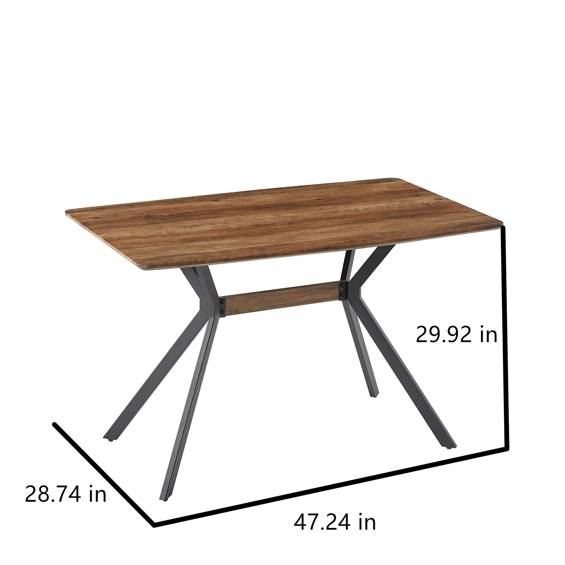 Rustic wood dining table with dark metal legs and crossbar support