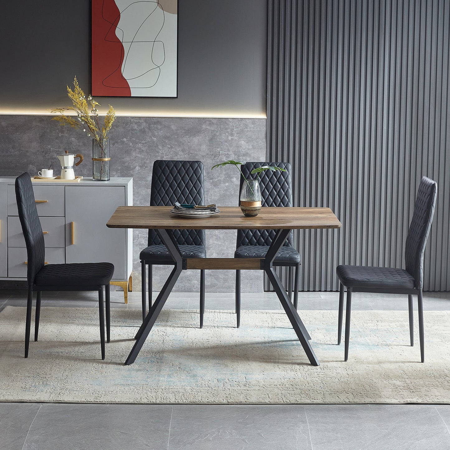 Wooden dining table with black upholstered chairs in a modern dining room