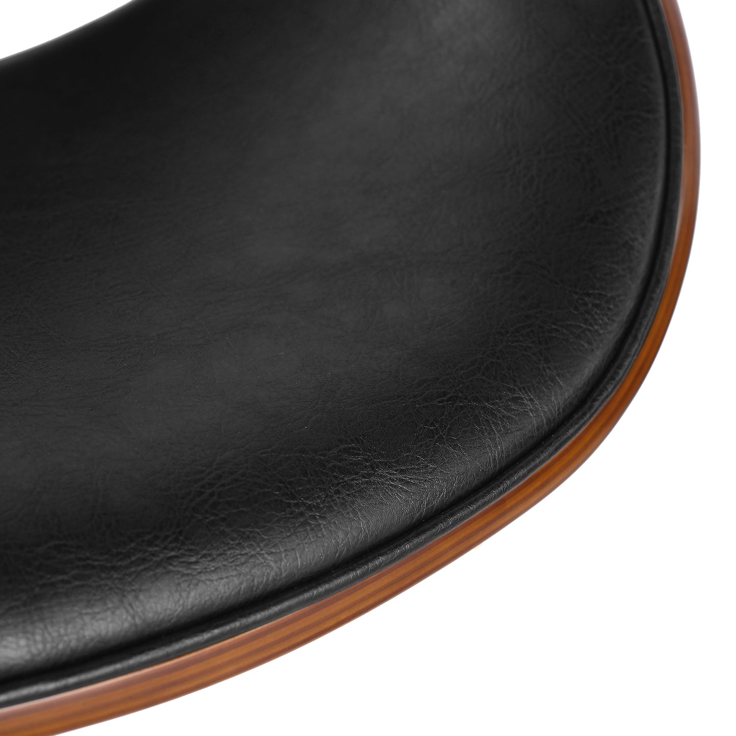 Black faux leather seat cushion with a curved woodgrain trim