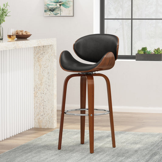 Black leather swivel bar stool with curved seat and walnut wood base