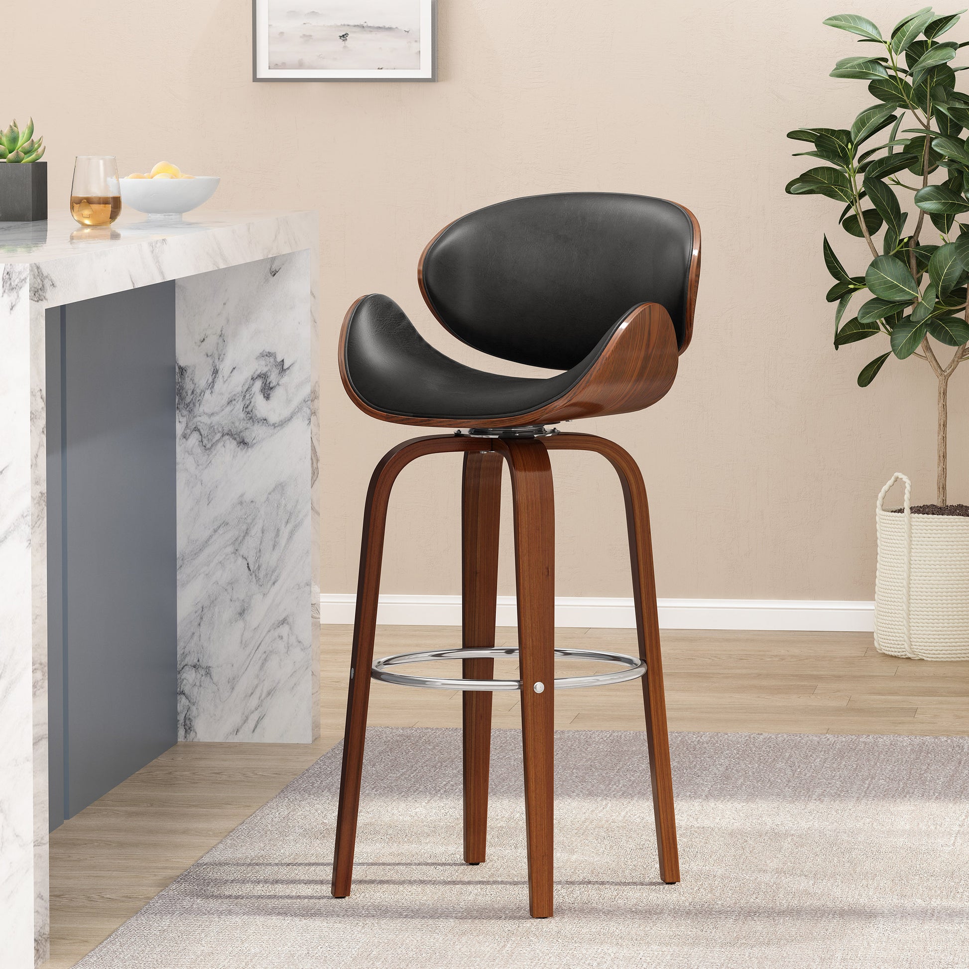 Black leather curved back bar stool with walnut wood base
