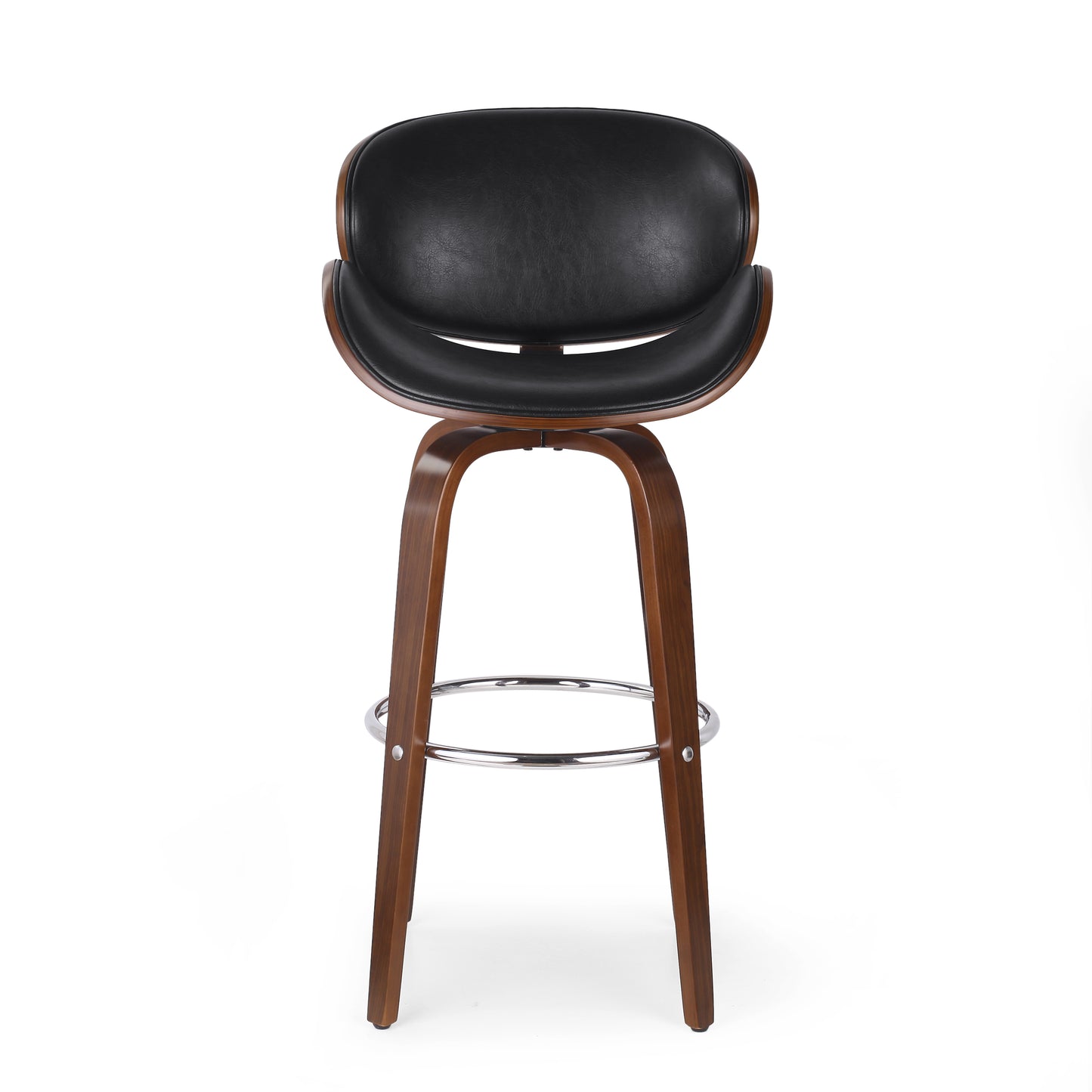 Black leather and walnut modern bar stool with curved back and chrome footrest