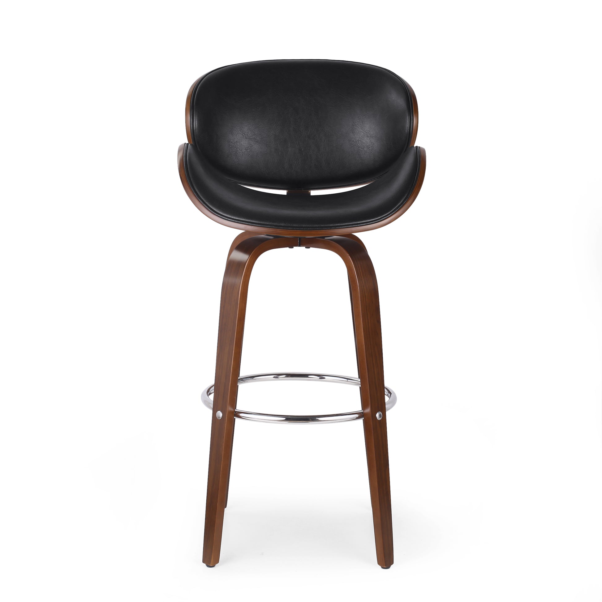 Black leather and walnut modern bar stool with curved back and chrome footrest