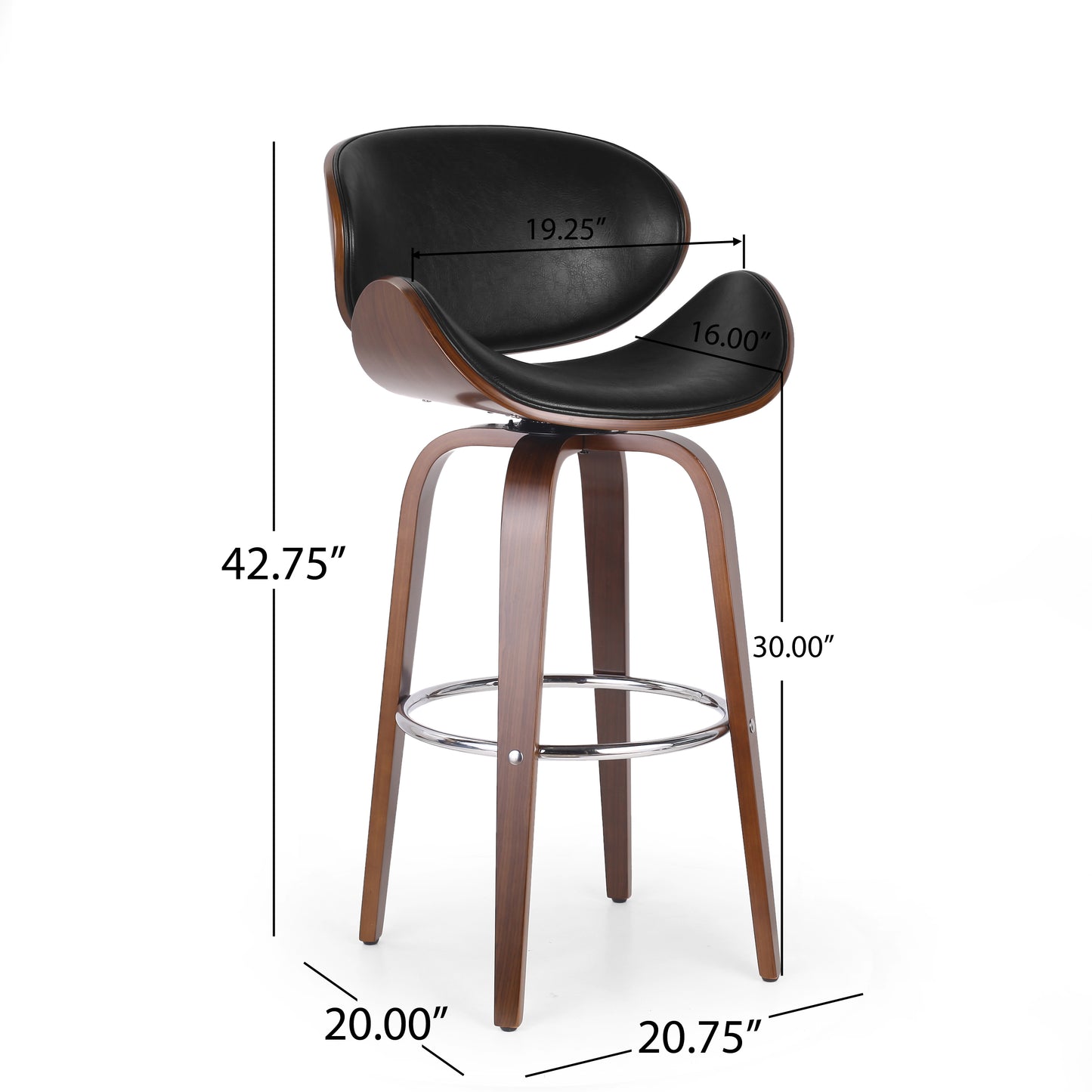 Black leather and walnut curved counter stool with chrome footrest