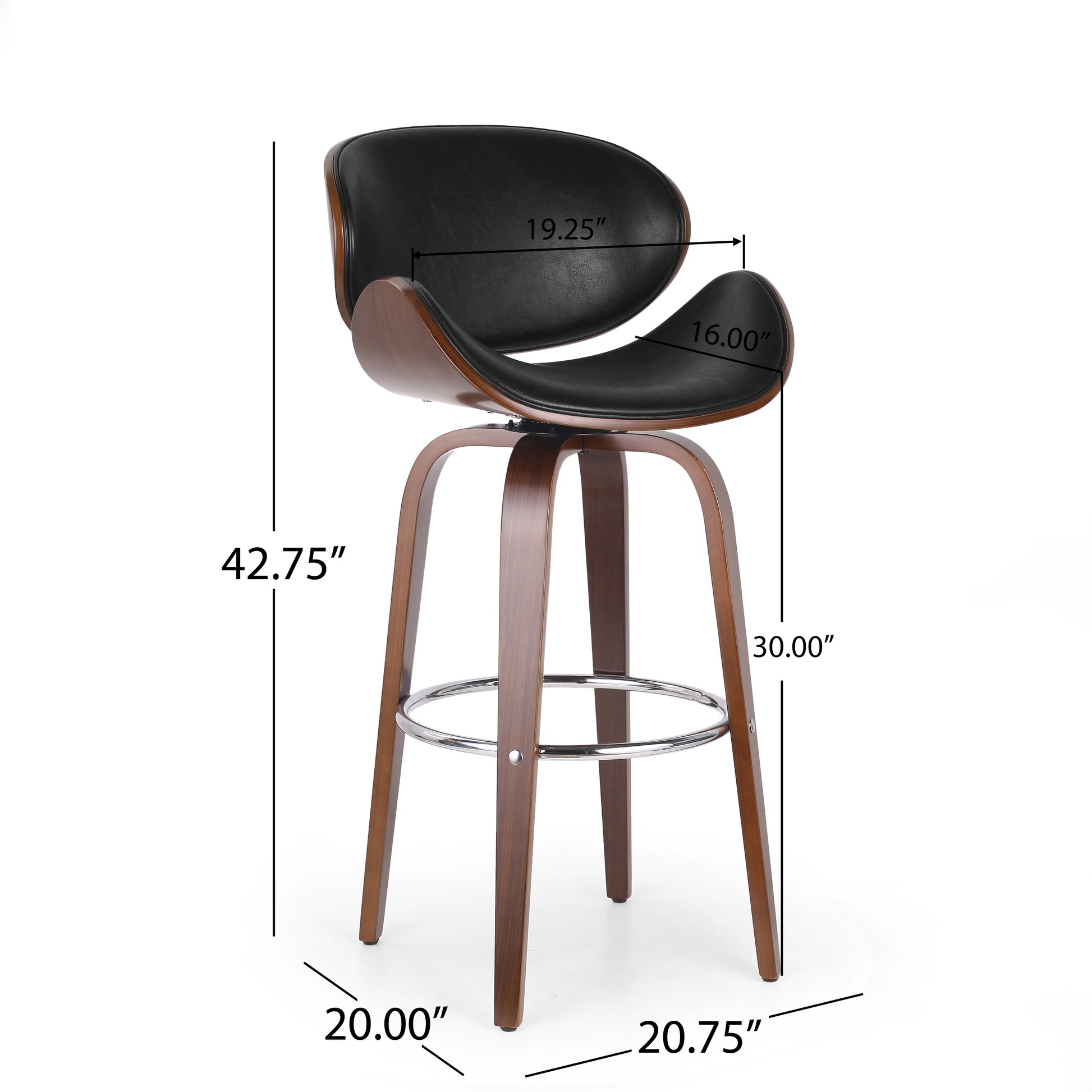 Black leather and walnut curved counter stool with chrome footrest
