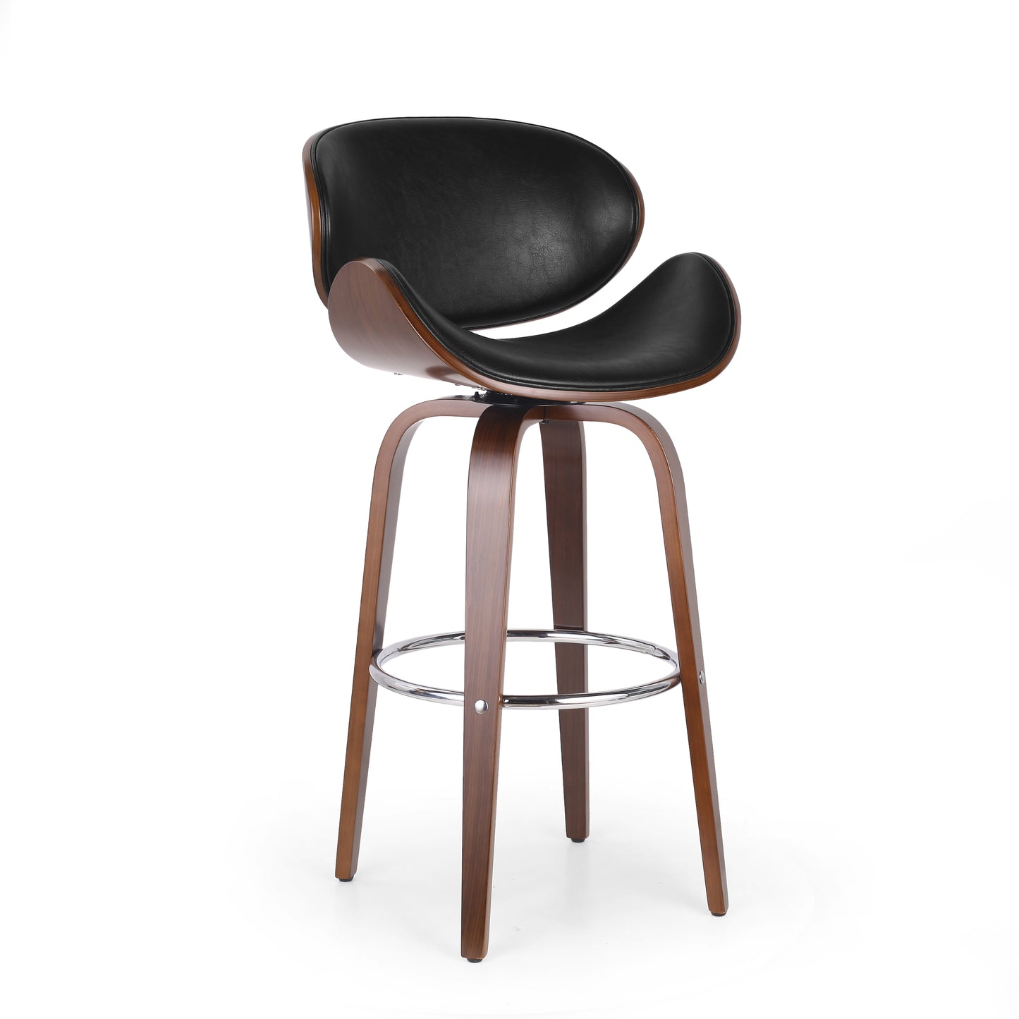 Black leather midcentury modern bar stool with walnut wood base