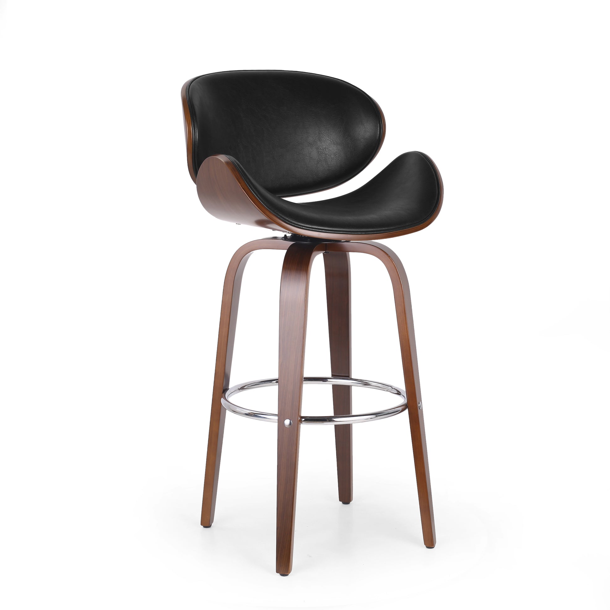 Black leather midcentury modern bar stool with walnut wood base