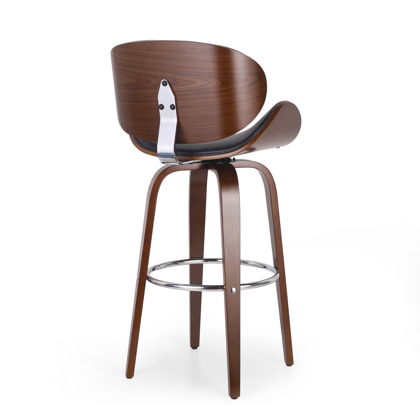 Walnut curved bar stool with black seat and chrome footrest