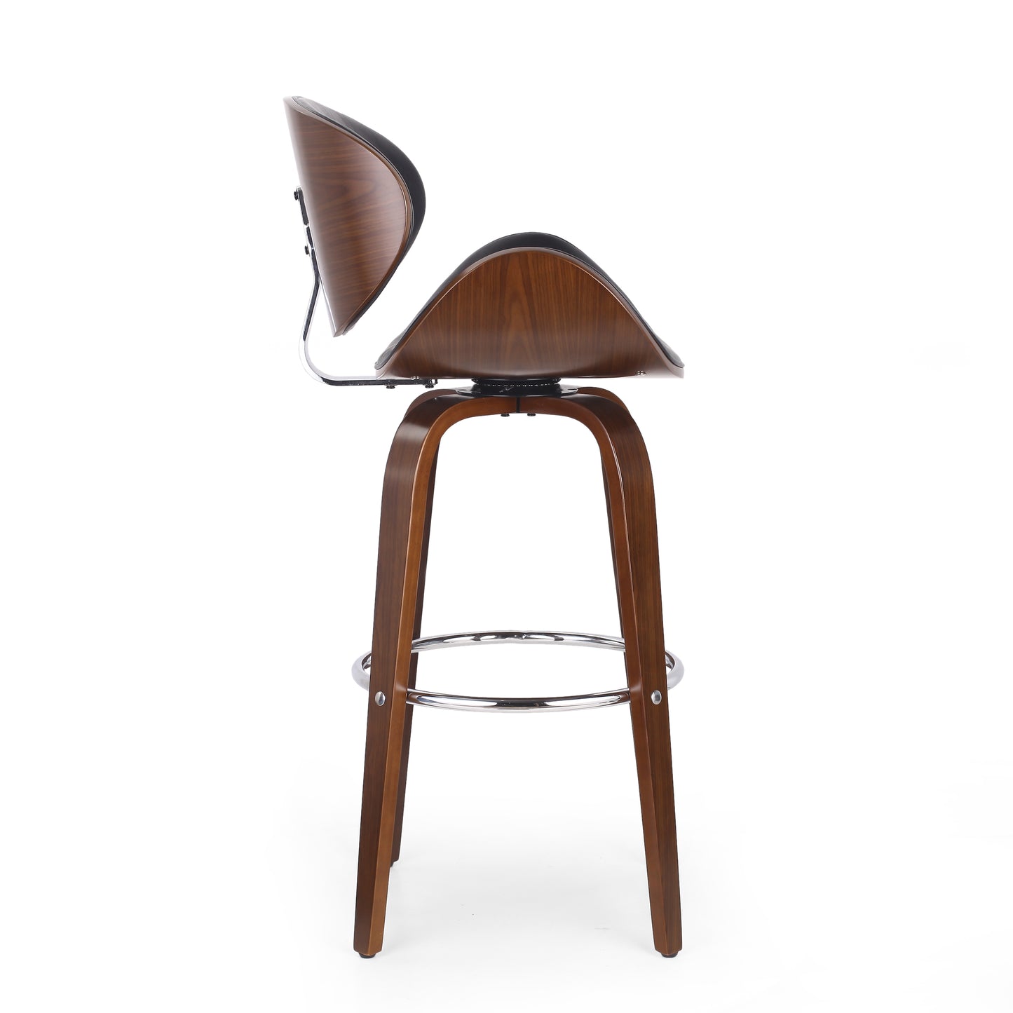 Modern walnut bentwood bar stool with black padded seat