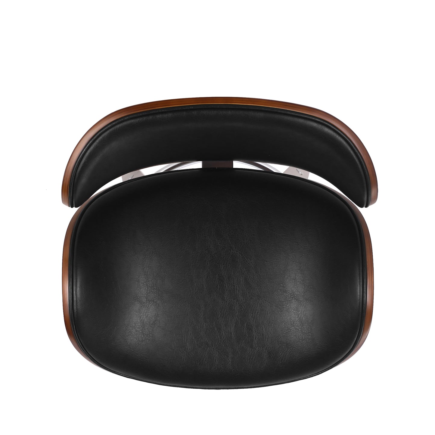 Black leather curved seat bar stool with wooden trim