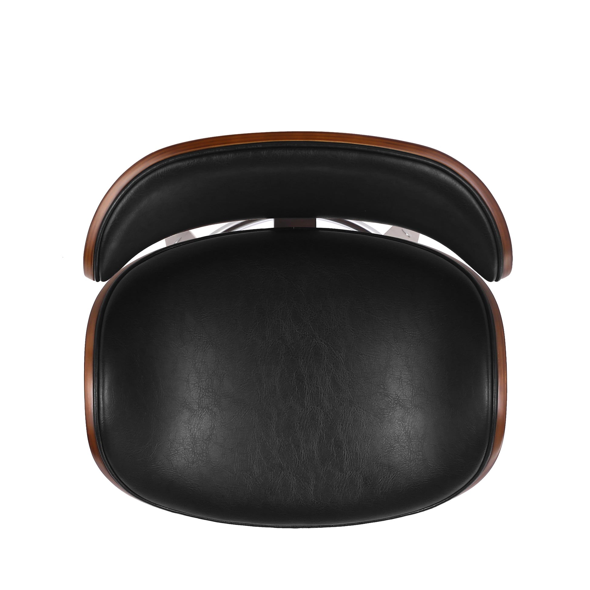 Black leather curved seat bar stool with wooden trim
